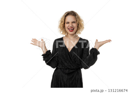 Excited woman shops for Black Friday deals, isolated, PNG 131216674