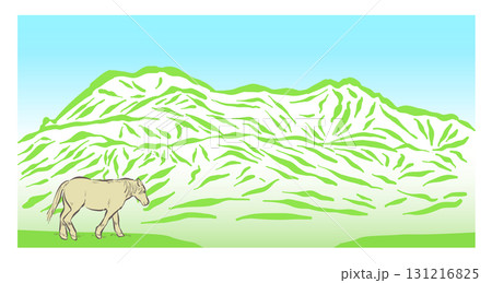 高原の馬と山。筆で描いた阿蘇山の風景。 131216825