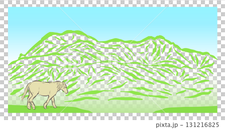 高原の馬と山。筆で描いた阿蘇山の風景。 131216825