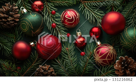 Festive Ornaments and Pine Cones on a Green Holiday Background 131216862