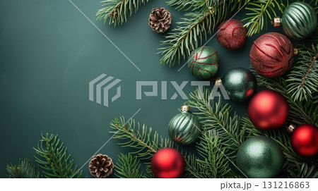 Festive Christmas Ornaments and Greenery on Dark Background 131216863