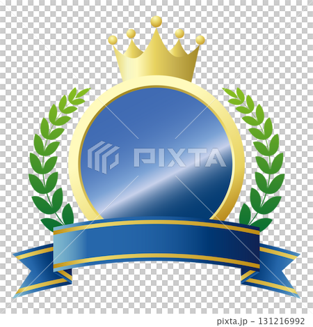 排名圖示。帶有獎牌、藍絲帶和皇冠的裝飾框架。白色背景上的向量插圖。 131216992
