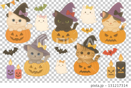 可愛い魔女帽子の猫とかぼちゃとお化けのハロウィンイラストセットの