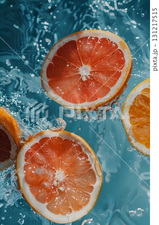 flat lay fresh grapefruit and orange slices floating in crystal-clear water 131217515