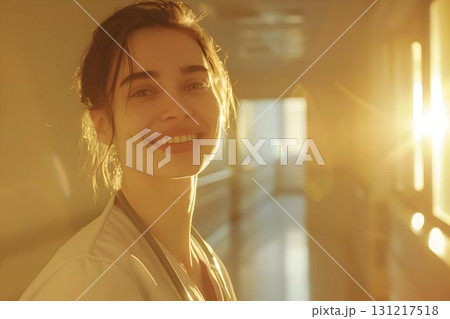 happy nurse hospital corridor, golden sunlight from the window 131217518