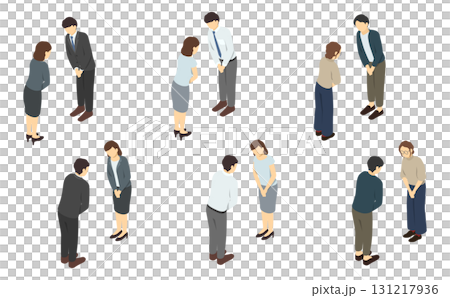 Isometric illustration: Set of men and women in suits bowing 131217936