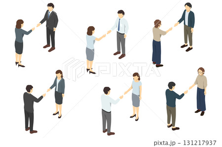 アイソメトリックイラスト：握手をするスーツ男女セット 131217937