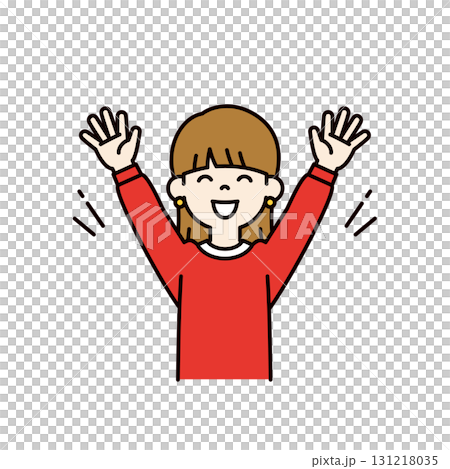 Simple upper body vector illustration of a woman in her teens and twenties with her arms outstretched and cheering - color 131218035