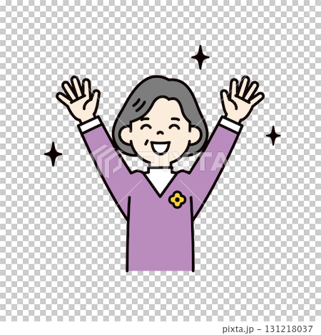 A simple upper body vector illustration of a woman in her 60s or 70s raising both hands in joy. Color 131218037