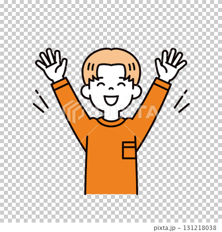 A simple upper body vector illustration of a young boy with his arms outstretched and smiling in a V-sign 131218038