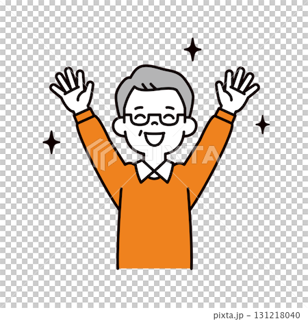 一個簡單的上身向量插圖，一位老人高興地舉起雙手 131218040