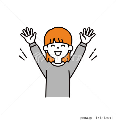 両手を広げて笑顔でバンザイする、若い女の子のシンプルな上半身ベクターイラスト素材 131218041