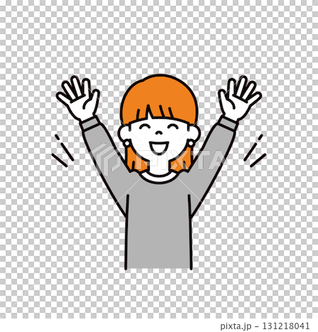 両手を広げて笑顔でバンザイする、若い女の子のシンプルな上半身ベクターイラスト素材 131218041