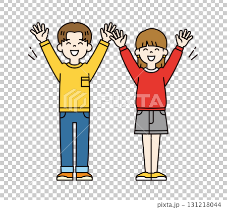 笑顔で万歳をする、10代・20代の男の子と女の子のシンプルな全身ベクターイラスト素材＿カラー 131218044