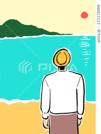 ビーチで海を眺める人物の後ろ姿 ビーチで海を眺める人物の後ろ姿 131218066