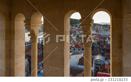 View of Split through arches of bell tower of St Domnius Cathedral View of Split through arches of bell tower of St Domnius Cathedral 131218233