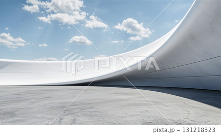 3d render of Modern wave shape minimalist wall with empty concrete floor. White clouds in the blue sky . 3d render of Modern wave shape minimalist wall with empty concrete floor. White clouds in the blue sky . 131218323
