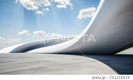 3d render of Modern wave shape minimalist wall with empty concrete floor. White clouds in the blue sky . 131218324