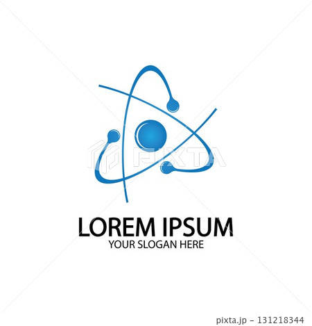 Atom icon. Vector illustration. Symbol of science, education, nuclear physics, scientific research. Three electrons rotate in orbits around atomic nucleus. Concept of elementary particles design. Atom icon. Vector illustration. Symbol of science, education, nuclear physics, scientific research. Three electrons rotate in orbits around atomic nucleus. Concept of elementary particles design. 131218344