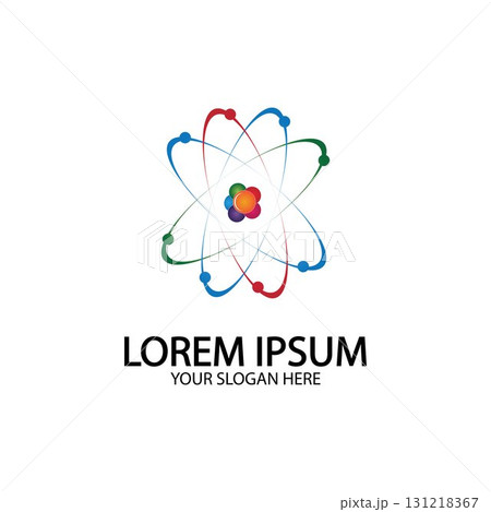 Atom icon. Vector illustration. Symbol of science, education, nuclear physics, scientific research. Three electrons rotate in orbits around atomic nucleus. Concept of elementary particles design. 131218367