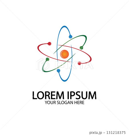 Atom icon. Vector illustration. Symbol of science, education, nuclear physics, scientific research. Three electrons rotate in orbits around atomic nucleus. Concept of elementary particles design. 131218375