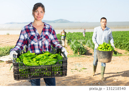 Woman farmer with crate of green pepper 131218540