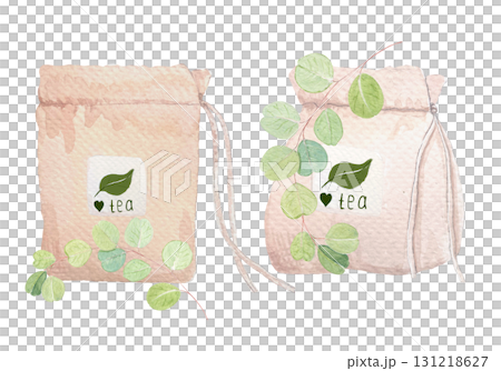 Tea bag with eucalyptus branches. Watercolor illustration on white. Minimalistic botanical design perfect for packaging, organic branding, natural lifestyle concepts, eco-friendly product decor. Tea bag with eucalyptus branches. Watercolor illustration on white. Minimalistic botanical design perfect for packaging, organic branding, natural lifestyle concepts, eco-friendly product decor. 131218627