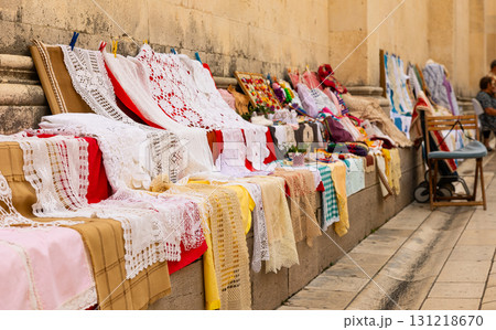 Knitted souvenirs at street market, Zadar 131218670