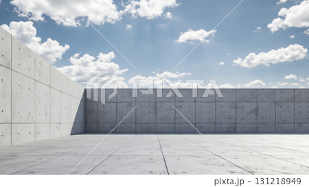 3D rendering of the empty concrete floor and fence under the blue sky and white clouds 131218949