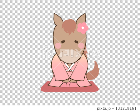 A cute horse in pink Japanese clothing greeting (line drawing) 131219161
