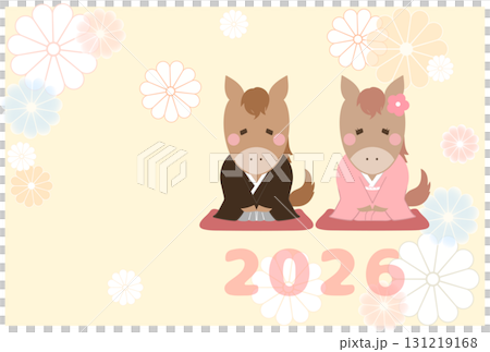 華麗的新年賀卡模板,以身著日本傳統服裝的可愛馬匹為特色(橫向) 華麗的新年賀卡模板,以身著日本傳統服裝的可愛馬匹為特色(橫向) 131219168