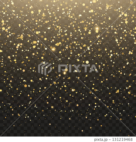 Festive falling golden glitter and sparkling confetti overlay effect. Vector 131219468
