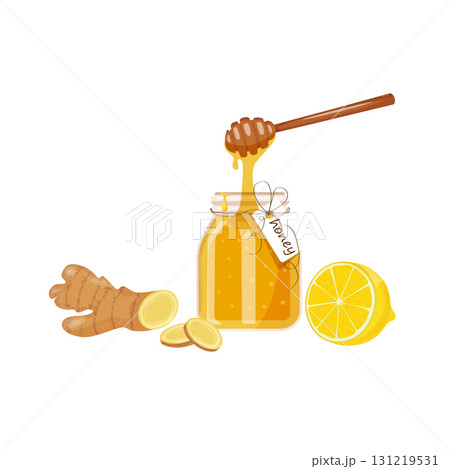 Ginger root, lemon wedge, glass jar of honey. Illustration, cartoon flat icon isolated on white. Hand drawn. Ginger root, lemon wedge, glass jar of honey. Illustration, cartoon flat icon isolated on white. Hand drawn. 131219531