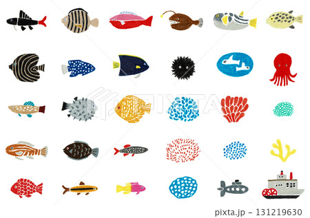 手描きイラスト　水の生き物イラストセット　 131219630