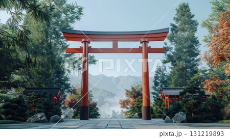 Serene Torii Gate Surrounded by Lush Greenery and Mountainscape 131219893