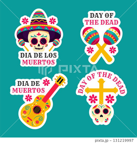 Dia de los Muertos Label Template Flat Cartoon Hand Drawn Background Illustration 131219997