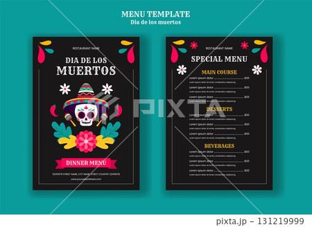 Dia de los Muertos Menu Template Illustration with Flat Cartoon Hand Drawn Background Dia de los Muertos Menu Template Illustration with Flat Cartoon Hand Drawn Background 131219999