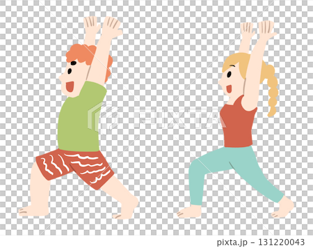 ヨガで英雄のポーズ1をしている男女の手描き人物イラスト 131220043