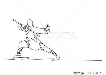 Continuous one line drawing male martial artist in powerful, low stance, wielding staff, with one arm up in defensive guard, disciplined use of weapon. Single line design vector graphic illustration Continuous one line drawing male martial artist in powerful, low stance, wielding staff, with one arm up in defensive guard, disciplined use of weapon. Single line design vector graphic illustration 131220140