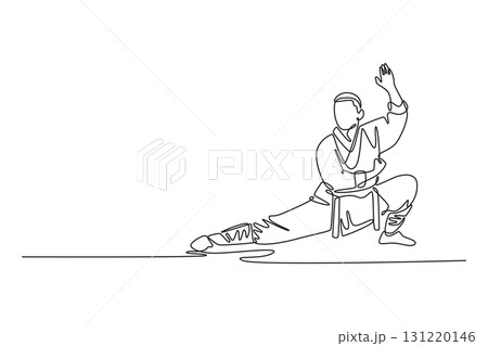 Single continuous line drawing male in powerful stance, with one hand raised in block, disciplined and low-to-the-ground movements of Shaolin Kung Fu. One line draw graphic design vector illustration 131220146