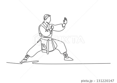 Continuous one line drawing strongman in powerful horse stance, with both arms in defensive guard, incredible stability fundamental Shaolin Kung Fu. Single line draw design vector graphic illustration 131220147