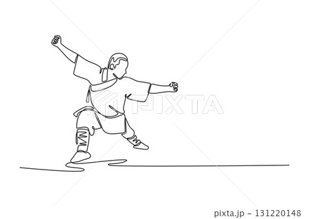 Continuous one line drawing male Shaolin Kung Fu master in a powerful stance, mid-punch with a raised guard, dynamic balance of offense and defense. Single line draw design vector graphic illustration Continuous one line drawing male Shaolin Kung Fu master in a powerful stance, mid-punch with a raised guard, dynamic balance of offense and defense. Single line draw design vector graphic illustration 131220148