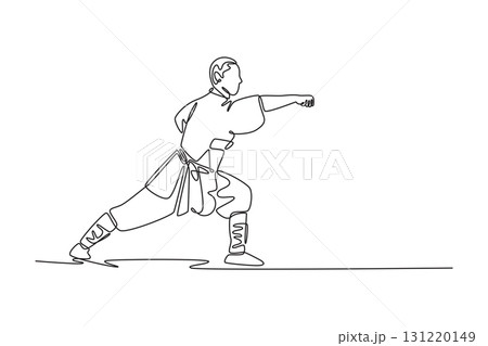 Single continuous line drawing male martial artist in powerful stance, mid-punch, capturing the focused energy and disciplined form of Shaolin routine. One line draw graphic design vector illustration 131220149