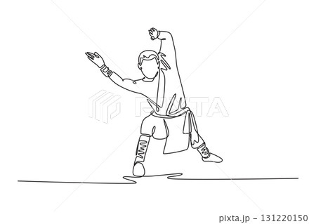 Continuous one line drawing male athlete in low stance with one hand open and other in fist, powerful Shaolin Kung Fu pose both offense and defense. Single line draw design vector graphic illustration 131220150