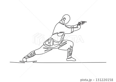 Single one line drawing male athlete in powerful stable stance, hands in defensive position. Discipline, focus, fluid motion of Shaolin routine. Continuous line draw design graphic vector illustration 131220158