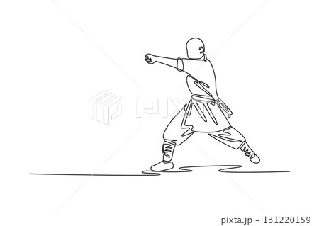 Single continuous line drawing man middle of powerful punch, his body in a low, stable stance, focused energy and strength of Shaolin Kung Fu. Dynamic one line draw graphic design vector illustration Single continuous line drawing man middle of powerful punch, his body in a low, stable stance, focused energy and strength of Shaolin Kung Fu. Dynamic one line draw graphic design vector illustration 131220159