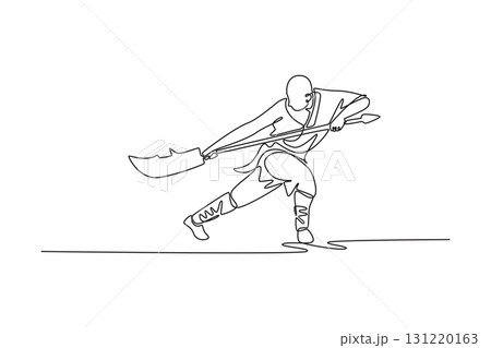 Single one line drawing skilled male in dynamic stance, wielding large weapon. Discipline, power, intensity of Shaolin Kung Fu routine. Modern continuous line draw design graphic vector illustration Single one line drawing skilled male in dynamic stance, wielding large weapon. Discipline, power, intensity of Shaolin Kung Fu routine. Modern continuous line draw design graphic vector illustration 131220163