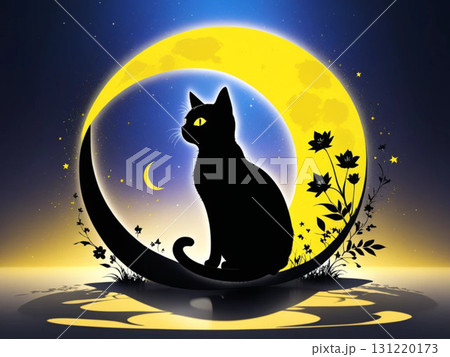 満月と星空に輝く星の下でお月見をする黒猫のイラスト 131220173