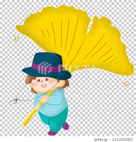 Illustration of a child skipping happily while carrying a large ginkgo leaf 131220562