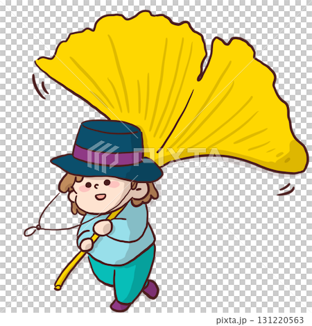 一個孩子拿著大片銀杏葉開心跳躍的插圖 一個孩子拿著大片銀杏葉開心跳躍的插圖 131220563